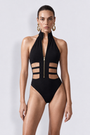 Front view of the Room 24 Celina black zip-front bodysuit with a high collar and horizontal waist cut-outs.
