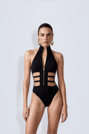 Front view of the Room 24 Lara black halterneck bodysuit with a high collar and vertical ladder-style chest cut-outs.