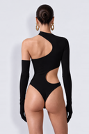 Back view of the Room 24 Bridget black asymmetric bodysuit with a high neckline, curved waist cut-out and glove sleeves.