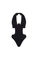 Close-up of the Room 24 Denise black bodysuit showing the deep plunge neckline, sculpted halterneck and underwired bust.