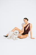 Front view of the Room 24 Sofia burgundy one-piece swimsuit with an asymmetric neckline, plunge front and crossover waist.