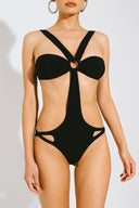 Front view of the Room 24 Camilla black one-piece swimsuit with a bandeau-inspired bust, centre ring detail and curved waist cut-outs.
