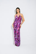 Front view of the Room 24 Raja purple printed maxi dress with gold-tone chain straps, a plunging neckline and flowing silhouette.