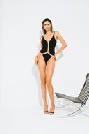 Front view of the Room 24 Layla one-piece swimsuit with a deep plunge neckline, illusion-mesh panel and curved waist cut-outs.