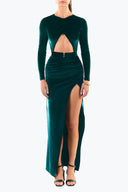 Front view of the Room 24 Daphne emerald velvet maxi dress with a crossed bodice, midriff cut-out and thigh-high split.