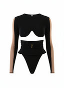 Close-up of the Room 24 Dorina black bodysuit showing the curved under-bust structure, illusion-mesh sleeve panels and gold-tone belt detail.