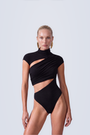 Front view of the Room 24 Clara black bodysuit with a high neck, cap sleeves and diagonal draped cut-outs.