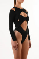 Side view of the Room 24 Elena black bodysuit showing its cold-shoulder detail, waist cut-out and body-contouring shape.