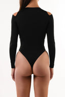Back view of the Room 24 Elena black long-sleeve bodysuit highlighting its sculpted close fit and streamlined thong silhouette.