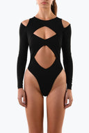 Close-up of the Room 24 Elena black bodysuit showing the round neckline, exposed shoulders and geometric chest cut-out.