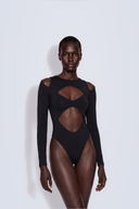 Front view of the Room 24 Elena black bodysuit with geometric chest and waist cut-outs, exposed shoulders and long sleeves.