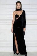 Front view of the Room 24 Emily black corset maxi dress with underwired cups, one long glove sleeve and a thigh-high split.