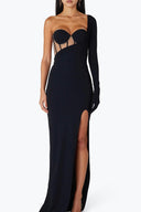 Front view of the Room 24 Emily black corset maxi dress with underwired cups, one long glove sleeve and a thigh-high split.