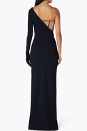 Back view of the Room 24 Emily black maxi dress highlighting its asymmetric shoulder, sheer corset panel and sculpted silhouette.