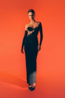 Front view of the Room 24 Emily black corset maxi dress with underwired cups, one long glove sleeve and a thigh-high split.