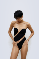 Front view of the Room 24 Letty violet metallic bodysuit with a high neckline, fitted long sleeves and sculpted silhouette.