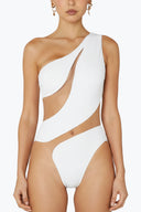 Front view of the Room 24 Freya white one-piece swimsuit with an asymmetric shoulder and sweeping illusion-mesh cut-outs.