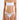 White bikini with nude metallic trim and cut-out details, modeled against plain background