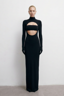 Front view of the Room 24 Jamie black maxi dress with a high neckline, bandeau bust panel and curved midriff cut-out.