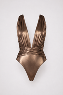 Close-up of the Room 24 Rachel swimsuit showing the softly gathered plunge neckline and crossover waist construction.