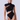 Front view of the Room 24 Clara black bodysuit with a high neck, cap sleeves and diagonal draped cut-outs.