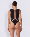 Back View of the Room 24 Romina Bodysuit featuring a wide neckline, sleeveless design, sculptural sheer mesh panels and a high-cut leg.
