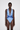 Front view of the Room 24 Rachel one-piece swimsuit with a deep plunge neckline, gathered panels and crossover waist.
