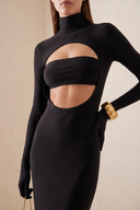 Front view of the Room 24 Jamie black maxi dress with a high neckline, bandeau bust panel and curved midriff cut-out.