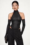 Front view of the Room 24 Giana Bodysuit featuring a high halterneck, sleeveless design, tonal animal pattern and high-cut leg.