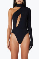 Front view of the Room 24 Gina black asymmetric bodysuit with a chain-trimmed cut-out, halterneck strap and single glove sleeve.