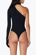 Back view of the Room 24 Gina black asymmetric bodysuit highlighting its one-shoulder shape, fitted sleeve and thong silhouette.