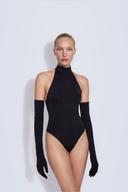 Front view of the Room 24 Grace black halterneck bodysuit with a sculpted fit and coordinating opera gloves.