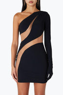 Front view of the Room 24 Holly black mini dress with an asymmetric neckline, sweeping cut-outs and single long sleeve.