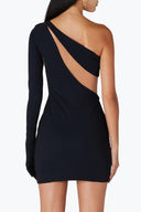 Back view of the Room 24 Holly black cut-out mini dress showing its asymmetric shoulder construction and sculpted close fit.