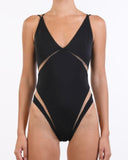 Close-up of the Room 24 Tammy swimsuit showing its plunging neckline, double shoulder straps and illusion-mesh underbust detailing.