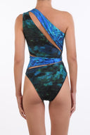 Back view of the Room 24 Cara swimsuit showing its asymmetric construction and sculpted close-fitting silhouette.
