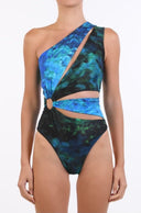 Front view of the Room 24 Cara one-piece swimsuit with an asymmetric neckline, sculptural cut-outs and statement ring detail.