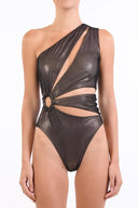 Front view of the Room 24 Cara one-piece swimsuit with an asymmetric neckline, sculptural cut-outs and statement ring detail.