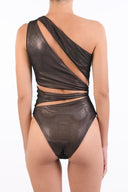 Back view of the Room 24 Cara swimsuit showing its asymmetric construction and sculpted close-fitting silhouette.