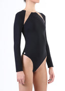 Side view of the Room 24 Katie black bodysuit showing its shoulder cut-out, fitted sleeve and body-contouring shape.