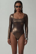 Front view of the Room 24 Jess bronze long-sleeve bodysuit with a square neckline and sculpted close fit.