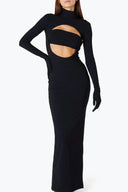 Front view of the Room 24 Jamie black maxi dress with a high neckline, bandeau bust panel and curved midriff cut-out.