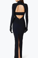 Back view of the Room 24 Jamie black cut-out maxi dress showing its open back, fitted long sleeves and sculpted full-length silhouette.