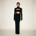 Front view of the Room 24 Jamie black maxi dress with a high neckline, bandeau bust panel and curved midriff cut-out.