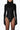 Close-up of the Room 24 Jane black bodysuit showing the raised leopard texture and high turtleneck.