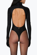 Back view of the Room 24 Jane black leopard bodysuit highlighting its dramatic open back and sculpted thong silhouette.