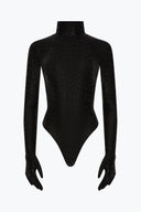 Close-up of the Room 24 Jane black bodysuit showing the raised leopard texture and high turtleneck.