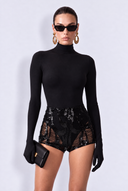 Front view of the Room 24 Jane black bodysuit with a high neckline, long sleeves.
