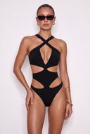 Front view of the Room 24 Jennifer black one-piece swimsuit with a crossover halterneck, plunging neckline and geometric waist cut-outs.