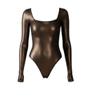 Close-up of the Room 24 Jess bronze bodysuit showing the structured square neckline and smooth stretch-fabric finish.